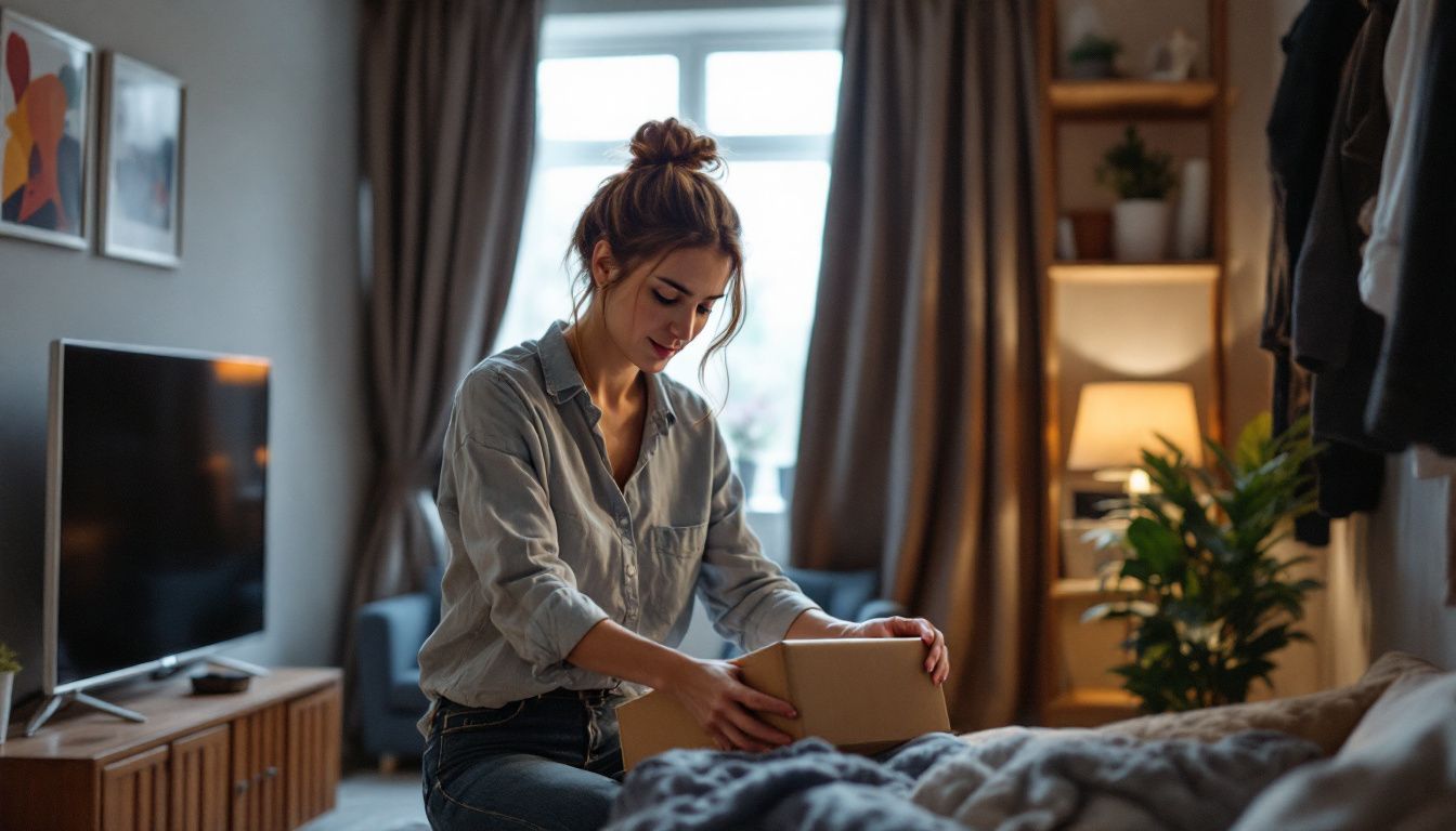 A woman tidying up her small, efficient UK apartment with multifunctional furniture.