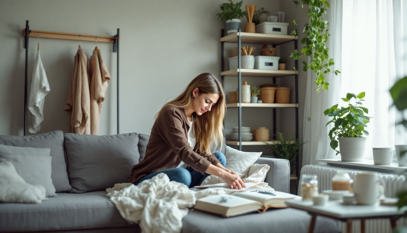 A woman organizes a practical small flat with multi-functional furniture.