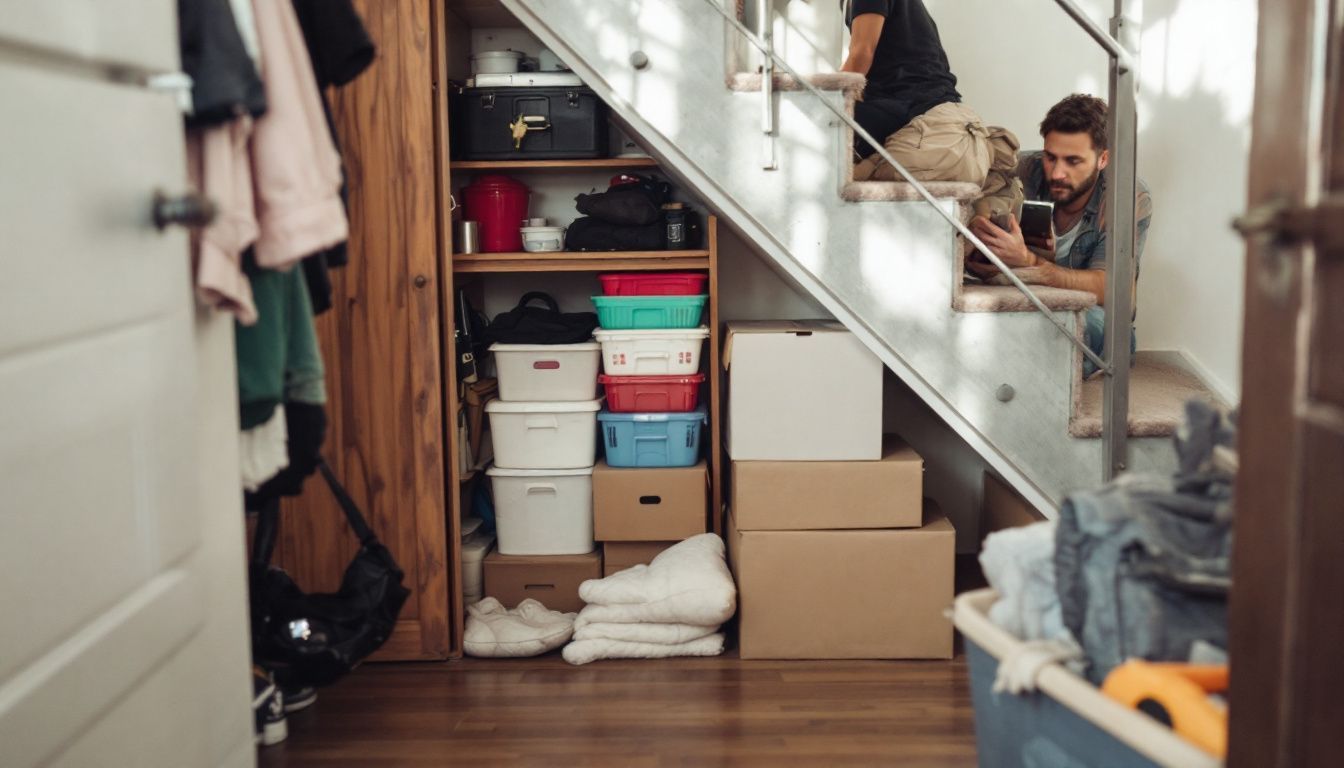 A hidden storage compartment under a staircase in a cluttered apartment.