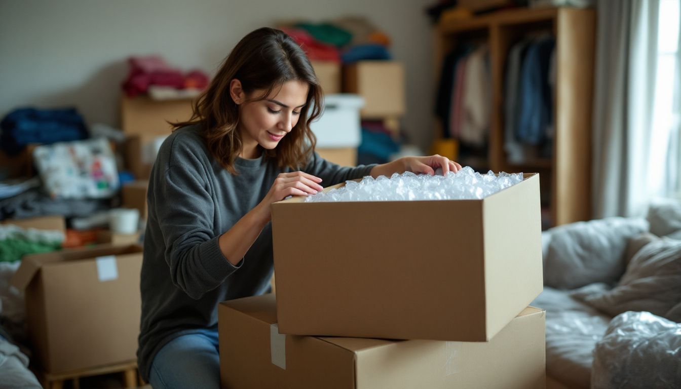 A woman in her 30s packs boxes for a move.