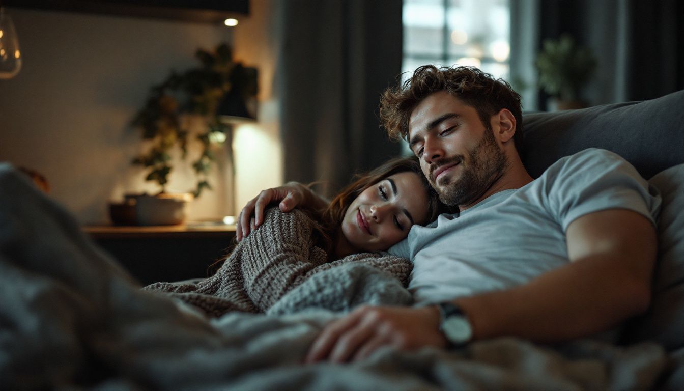 A couple in their 30s relax in their small UK apartment.