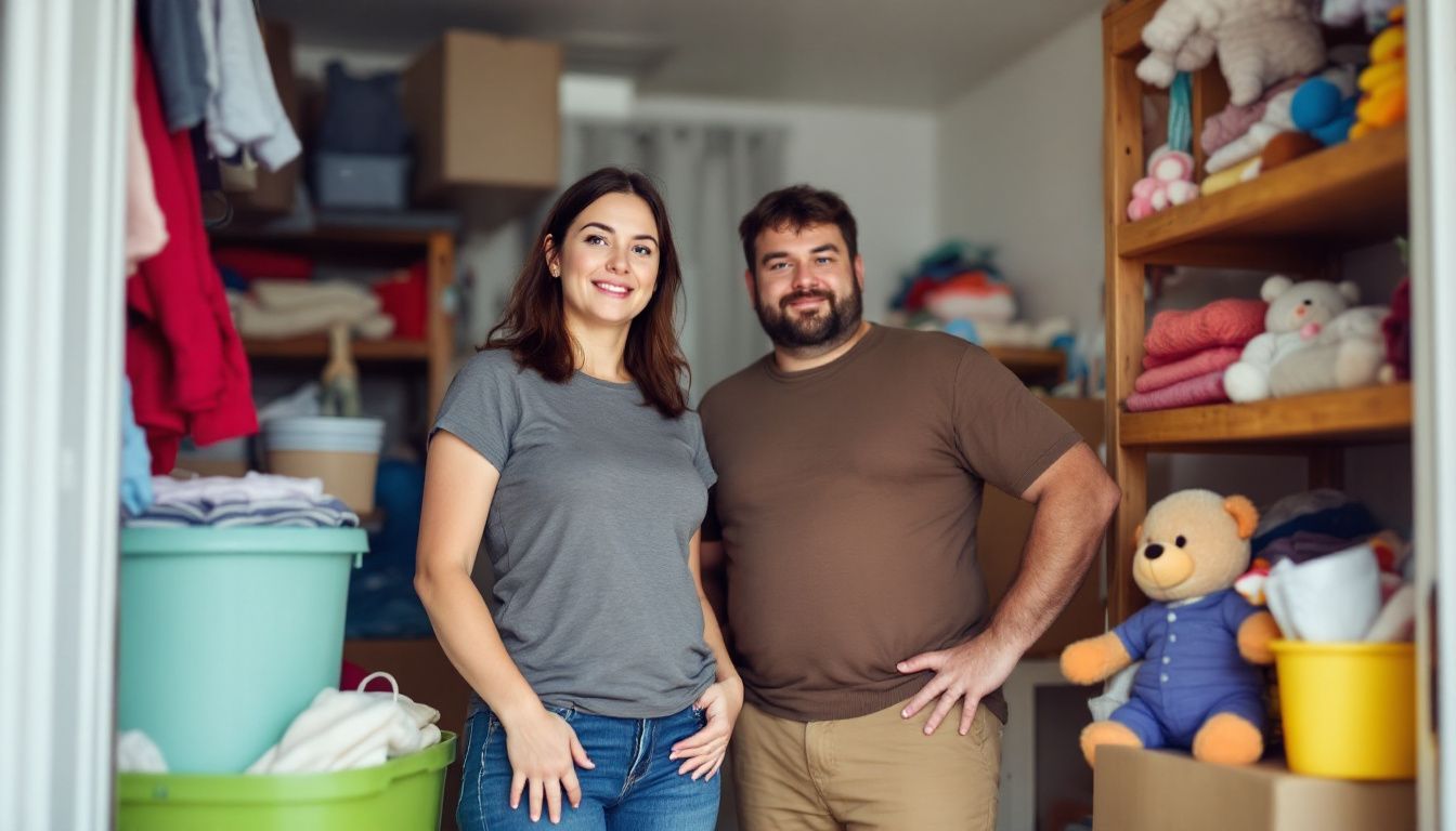 A couple in their 30s sorting through household items in a self-storage unit.