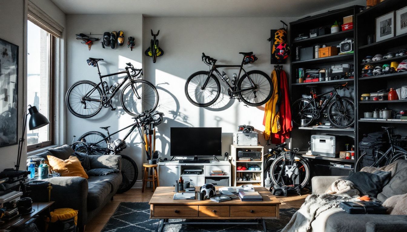 The cluttered living room features bicycle wall mounts and sports gear storage.