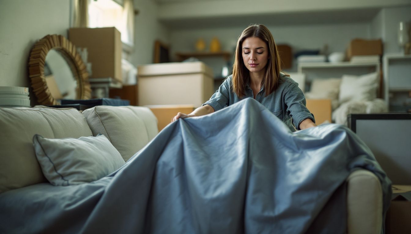 A woman covering a sofa in a self-storage unit for renovation.